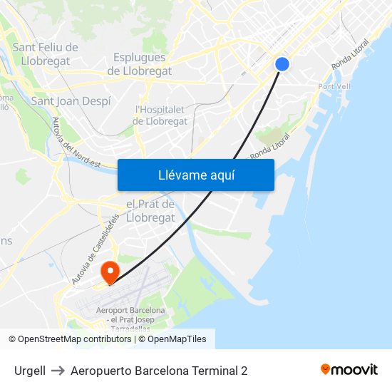 Urgell to Aeropuerto Barcelona Terminal 2 map
