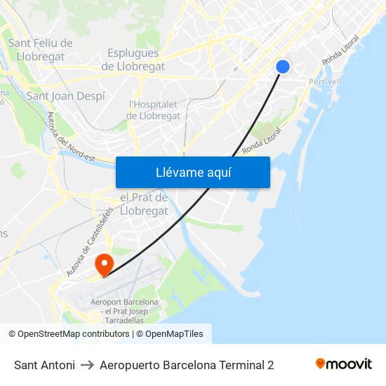 Sant Antoni to Aeropuerto Barcelona Terminal 2 map