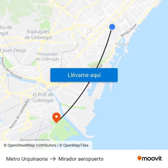 Metro Urquinaona to Mirador aeropuerto map