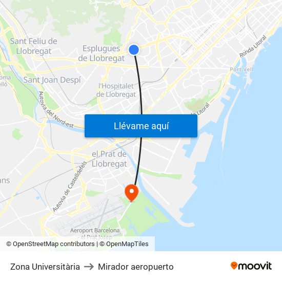 Zona Universitària to Mirador aeropuerto map