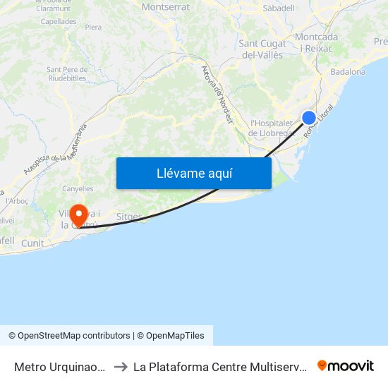 Metro Urquinaona to La Plataforma Centre Multiserveis map