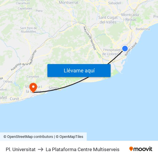 Pl. Universitat to La Plataforma Centre Multiserveis map