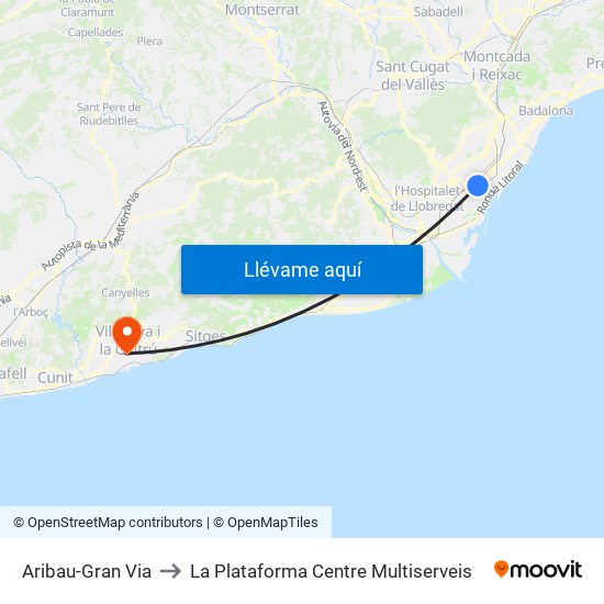 Aribau-Gran Via to La Plataforma Centre Multiserveis map