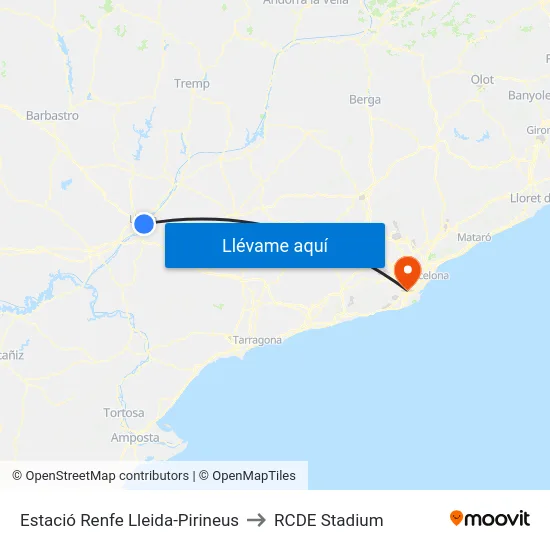 Estació Renfe Lleida-Pirineus to RCDE Stadium map