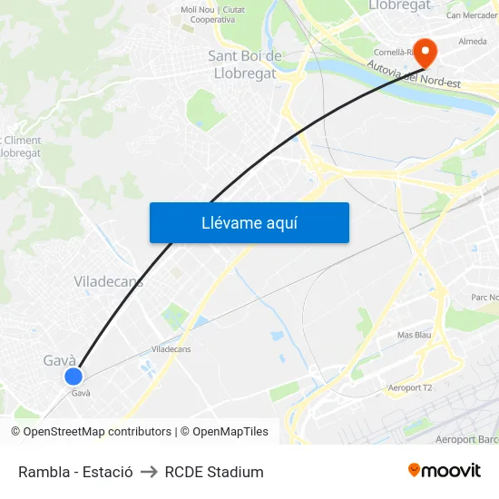 Rambla - Estació to RCDE Stadium map