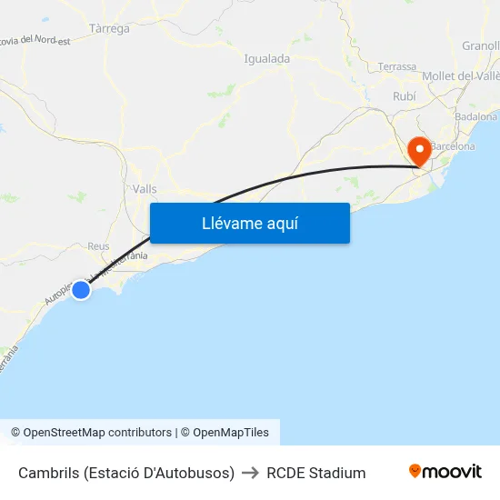 Cambrils (Estació D'Autobusos) to RCDE Stadium map