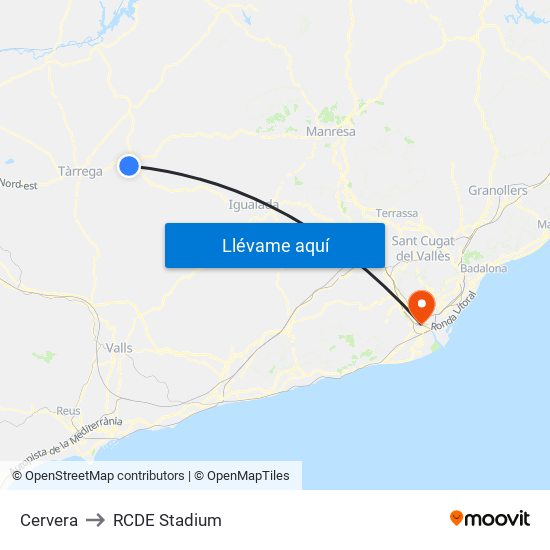 Cervera to RCDE Stadium map