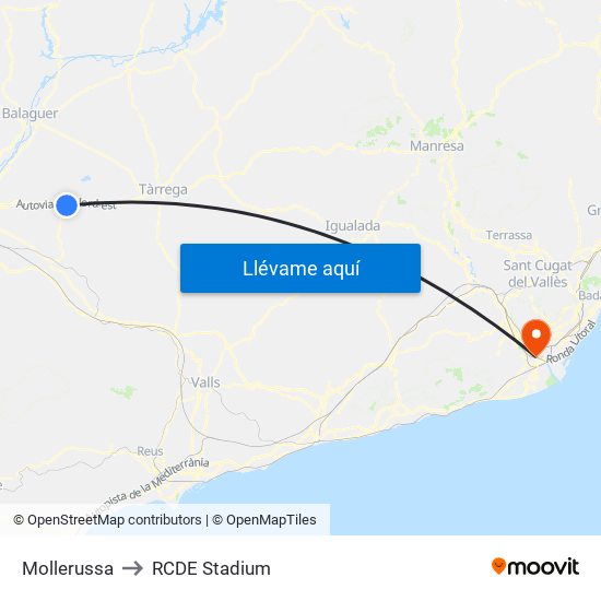 Mollerussa to RCDE Stadium map