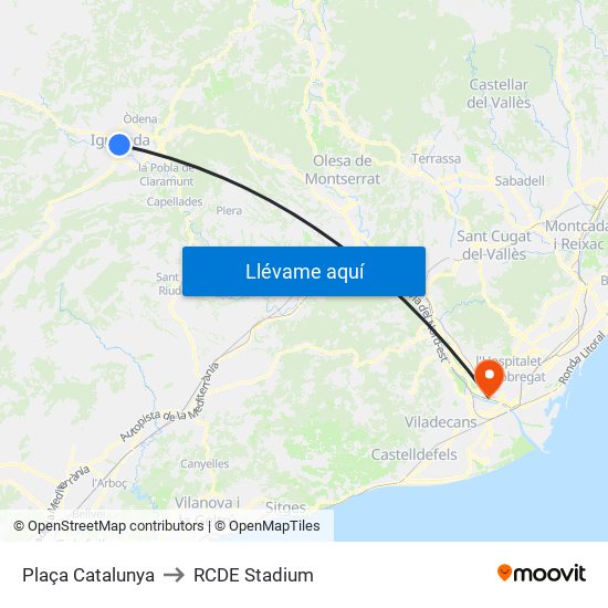 Plaça Catalunya to RCDE Stadium map