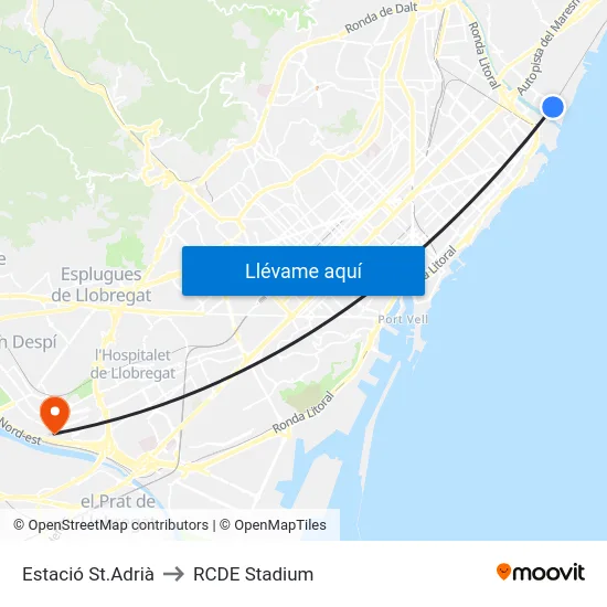 Estació St.Adrià to RCDE Stadium map