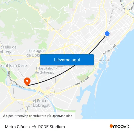 Metro Glòries to RCDE Stadium map