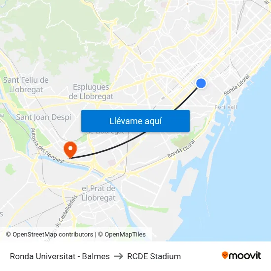 Ronda Universitat - Balmes to RCDE Stadium map