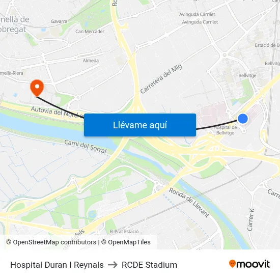 Hospital Duran I Reynals to RCDE Stadium map