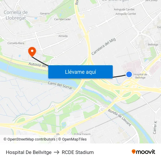 Hospital De Bellvitge to RCDE Stadium map