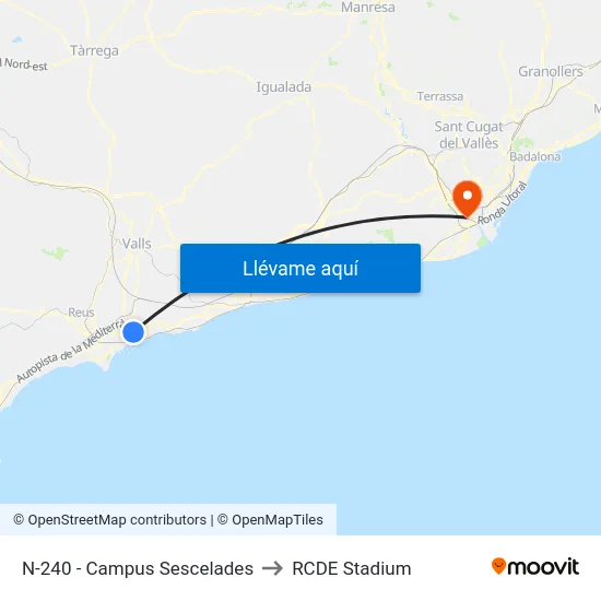N-240 - Campus Sescelades to RCDE Stadium map