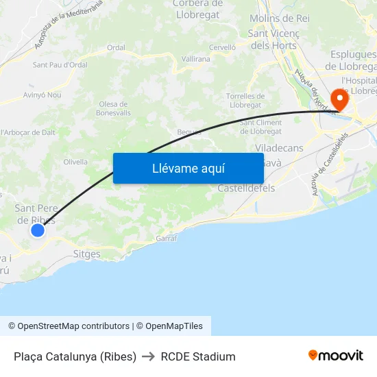 Plaça Catalunya (Ribes) to RCDE Stadium map