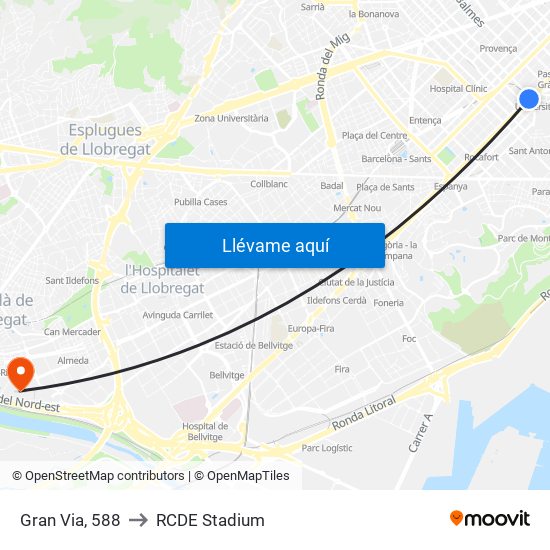 Gran Via, 588 to RCDE Stadium map