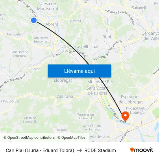Can Rial (Llúria - Eduard Toldrà) to RCDE Stadium map