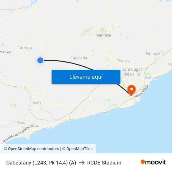 Cabestany (L243, Pk 14,4) (A) to RCDE Stadium map