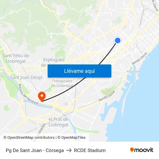 Pg De Sant Joan - Còrsega to RCDE Stadium map