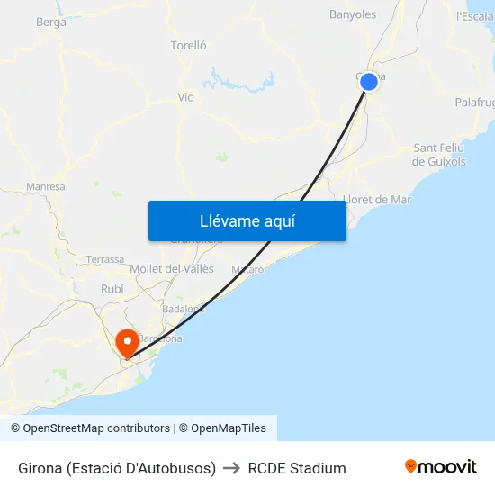 Girona (Estació D'Autobusos) to RCDE Stadium map
