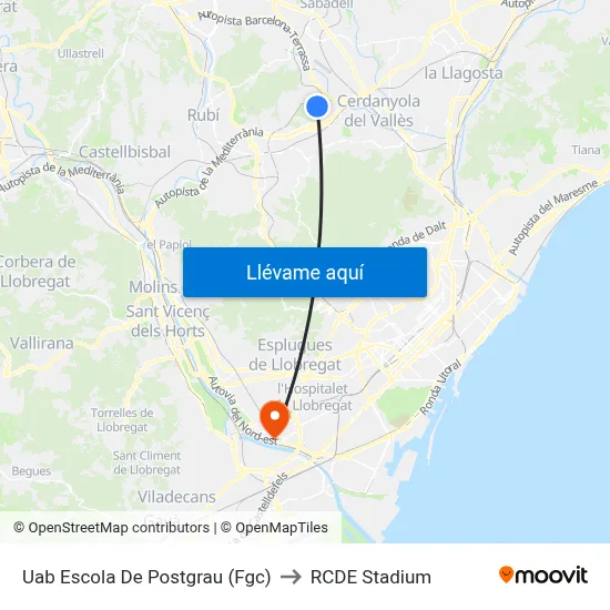 Uab Escola De Postgrau (Fgc) to RCDE Stadium map
