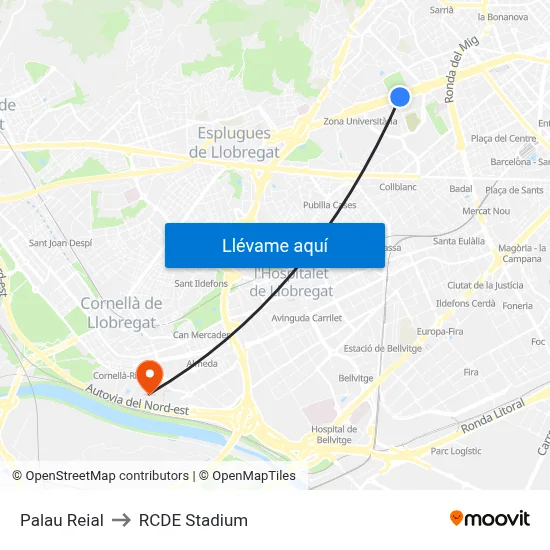 Palau Reial to RCDE Stadium map