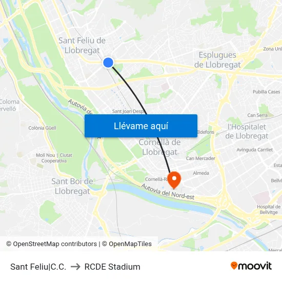 Sant Feliu|C.C. to RCDE Stadium map