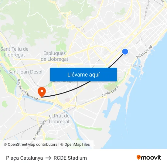 Plaça Catalunya to RCDE Stadium map