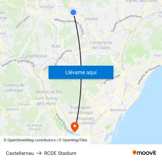 Castellarnau to RCDE Stadium map