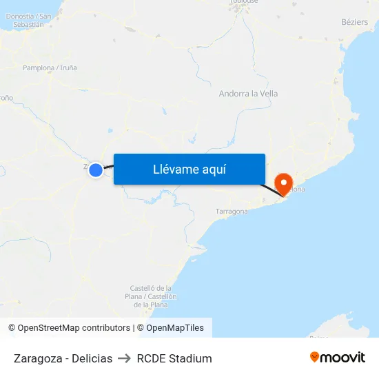 Zaragoza - Delicias to RCDE Stadium map