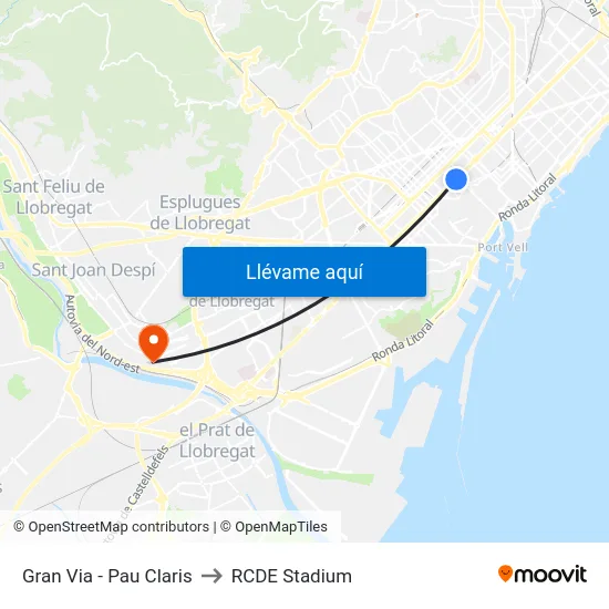 Gran Via - Pau Claris to RCDE Stadium map