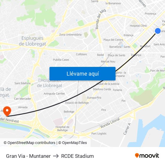 Gran Via - Muntaner to RCDE Stadium map