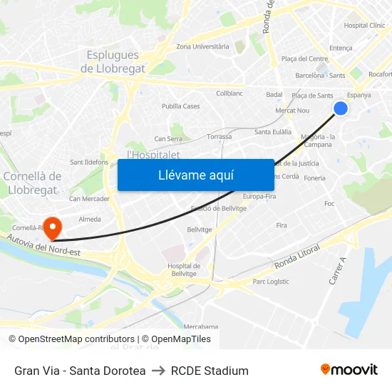 Gran Via - Santa Dorotea to RCDE Stadium map