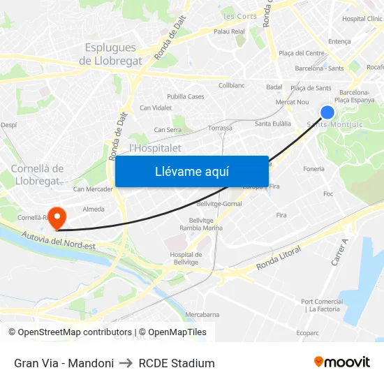 Gran Via - Mandoni to RCDE Stadium map