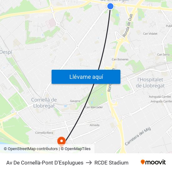 Av De Cornellà-Pont D'Esplugues to RCDE Stadium map