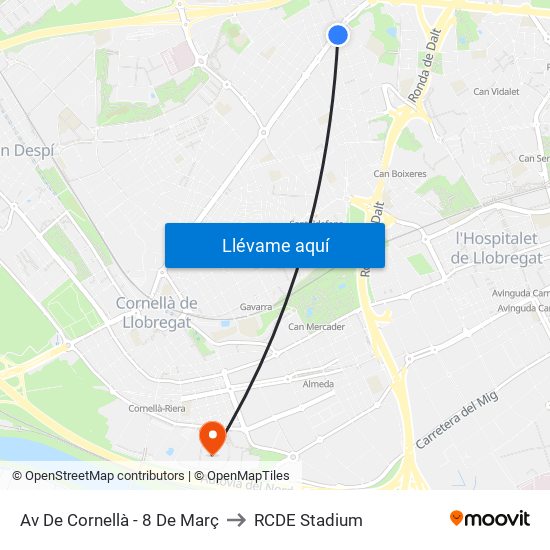 Av De Cornellà - 8 De Març to RCDE Stadium map