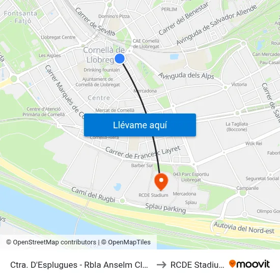 Ctra. D'Esplugues - Rbla Anselm Clavé to RCDE Stadium map