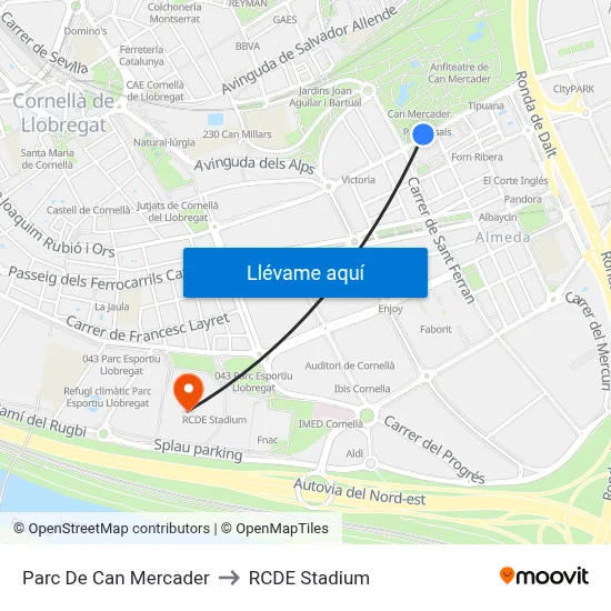 Parc De Can Mercader to RCDE Stadium map
