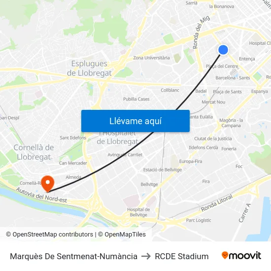 Marquès De Sentmenat-Numància to RCDE Stadium map