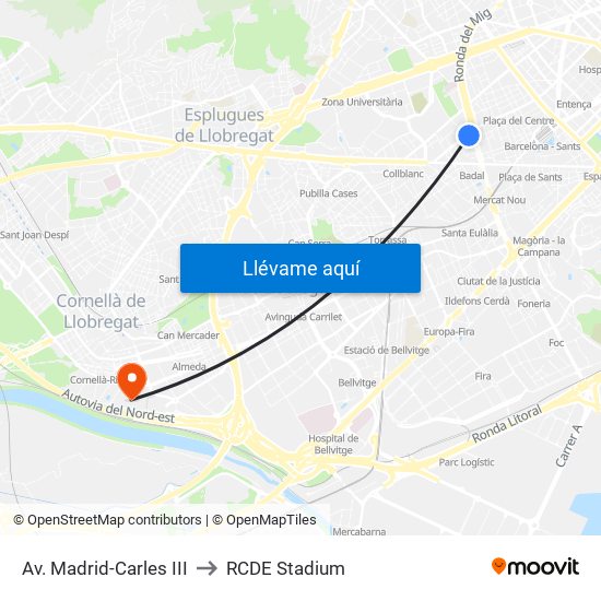 Av. Madrid-Carles III to RCDE Stadium map