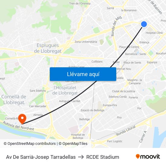 Av De Sarrià-Josep Tarradellas to RCDE Stadium map