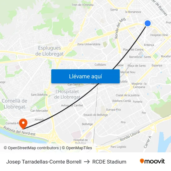 Josep Tarradellas-Comte Borrell to RCDE Stadium map