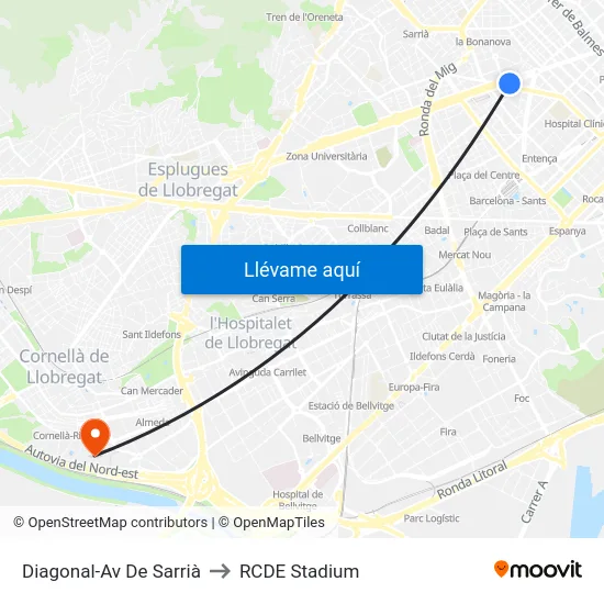 Diagonal-Av De Sarrià to RCDE Stadium map