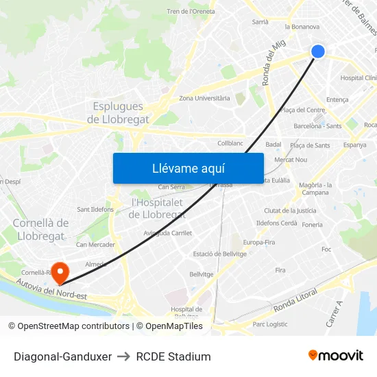 Diagonal-Ganduxer to RCDE Stadium map