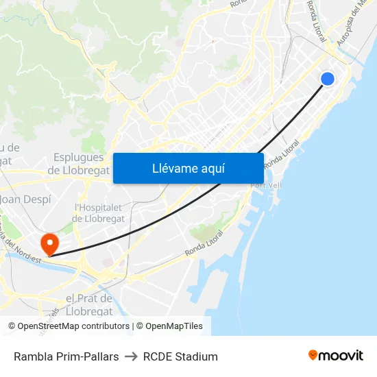 Rambla Prim-Pallars to RCDE Stadium map