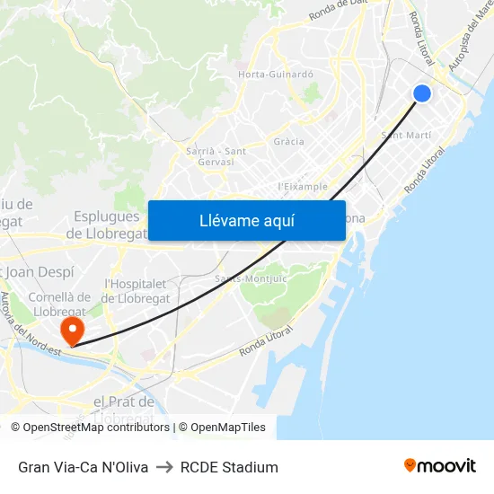 Gran Via-Ca N'Oliva to RCDE Stadium map