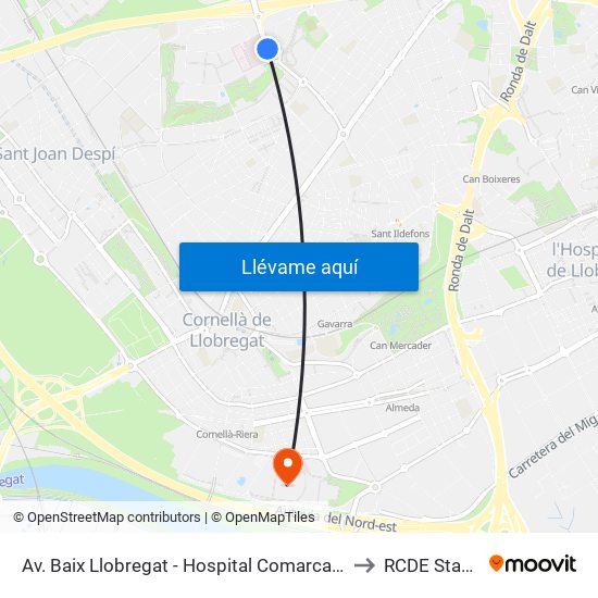 Av. Baix Llobregat - Hospital Comarcal M. Borggi to RCDE Stadium map