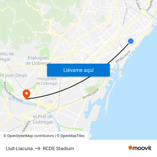 Llull-Llacuna to RCDE Stadium map