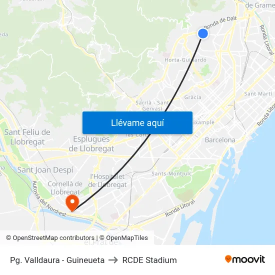 Pg. Valldaura - Guineueta to RCDE Stadium map